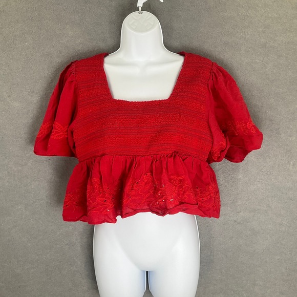 Zara Red Smocked Crop Top Sz L Eyelet Peplum Embroidered Romantic Date Night - Picture 1 of 6